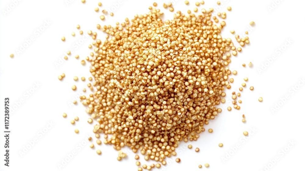 Poster fried quinoa grains scattered on a white background showcasing texture and color for culinary or hea