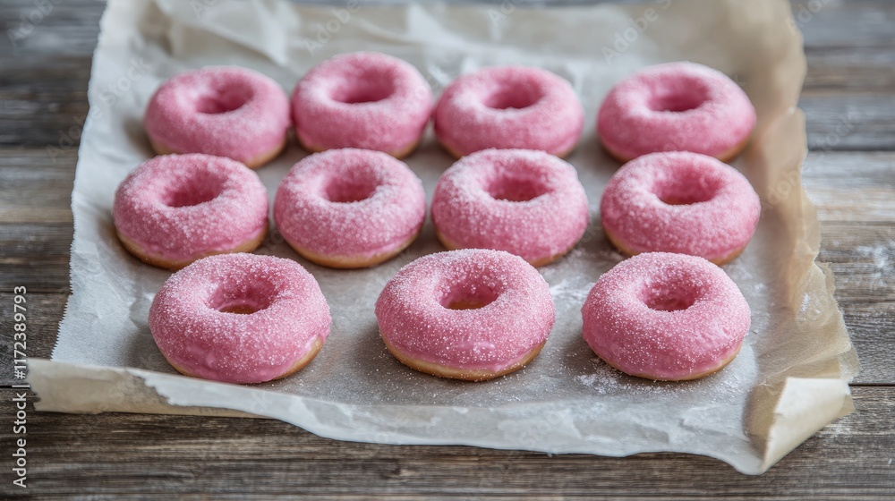 Poster Pink frosted donuts arranged on parchment paper creating a delightful dessert display on rustic wooden background