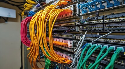 Network server room with routers and colorful patch cables connected to networking equipment