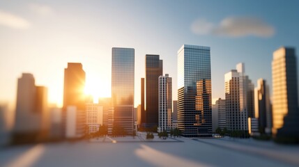 Fototapeta premium Modern City Skyline at Sunrise with Warm Light and Soft Focus