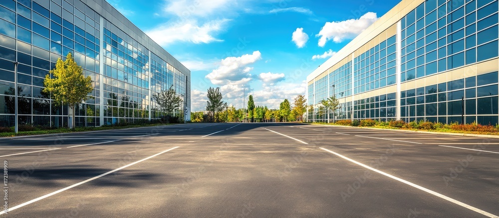 Poster business office building perspective highlighting modern architecture and accessibility from an adja