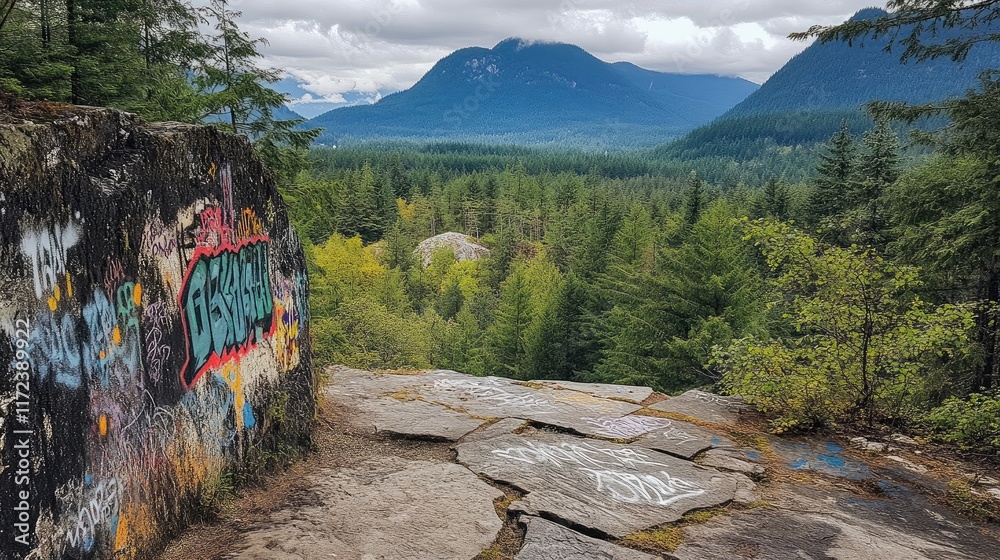 Poster scenic overlook of forested mountains with colorful graffiti on rocks in a natural landscape setting