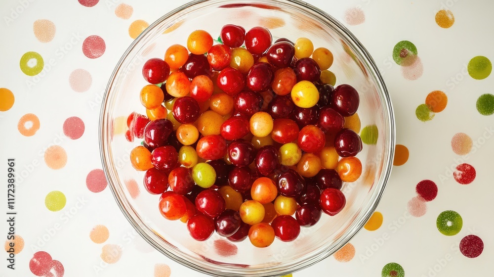 Poster bowl of fresh cherries displayed over colorful dots background in overhead view