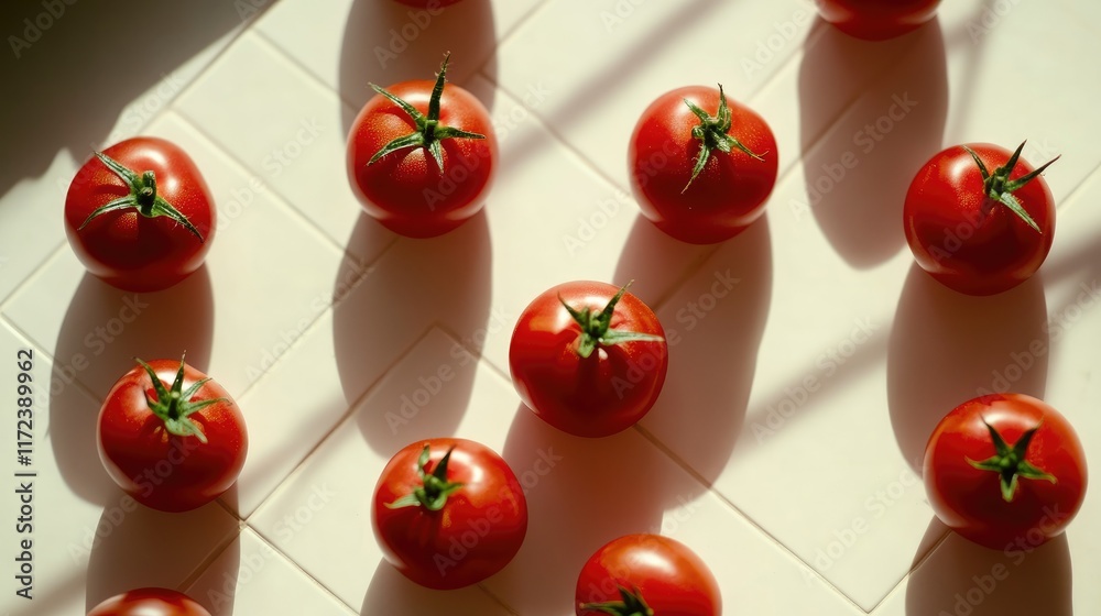 Aufkleber fresh ripe red tomatoes arranged in an overhead view on a bright table showcasing vibrant colors and