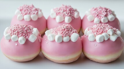 Pink donuts topped with marshmallows and sprinkles showcasing a delightful dessert arrangement for bakery or party themes.