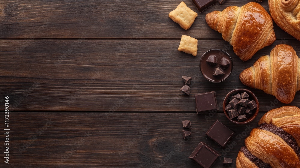 Aufkleber freshly baked chocolate croissants and sweet buns arranged on rustic wooden background with chocolat