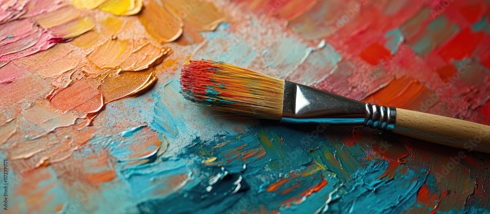 Poster closeup of a paintbrush on a vibrant paint sample catalog displaying rich colors and textures in an 
