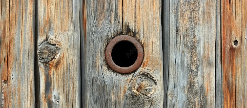 Poster rustic wooden door peephole showcasing intricate craftsmanship and solid security features in a weat