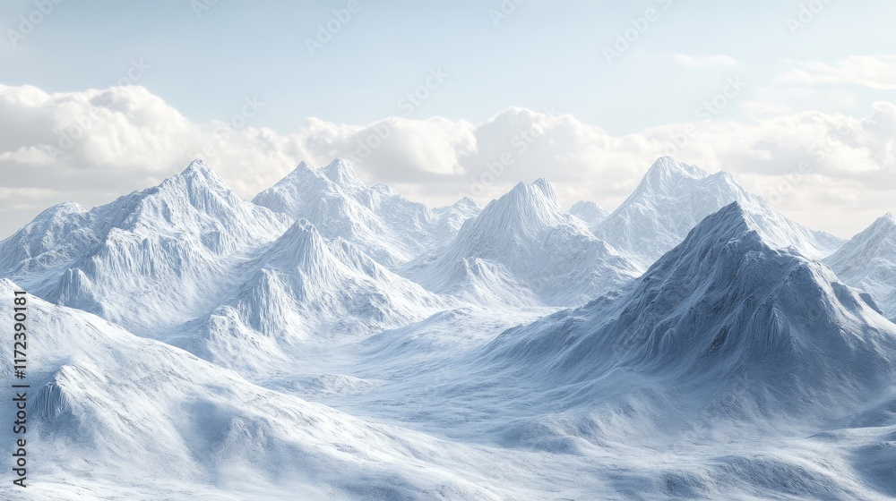 Poster winter landscape of the alps showcasing snow-covered peaks under a serene sky with soft clouds in a 