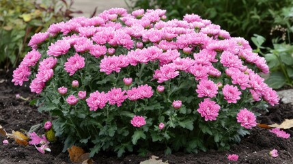 Vibrant pink chrysanthemum flowers in full bloom showcasing lush foliage in a garden setting.