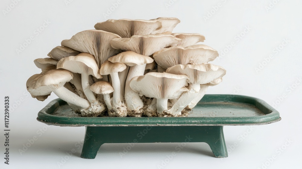 Aufkleber oyster mushrooms displayed on a green weighing scale tray against a clean white background showcasin