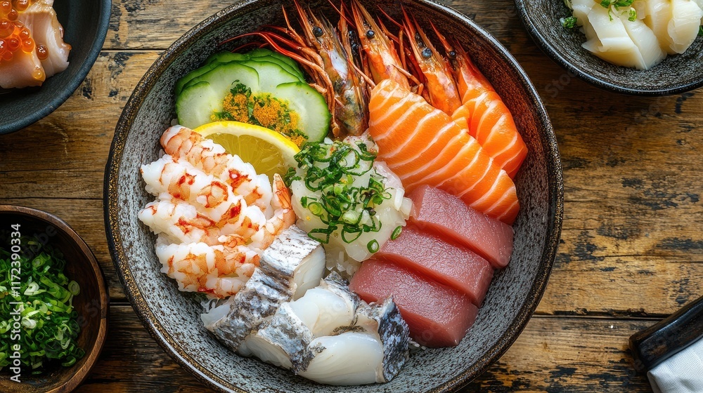 Aufkleber overhead view of a colorful seafood platter featuring sushi and sashimi on a rustic wooden table