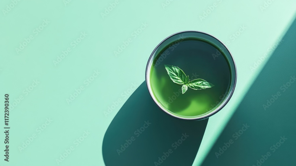 Aufkleber minimalist overhead shot of a green soup with basil leaves in a bowl on a light green background sho