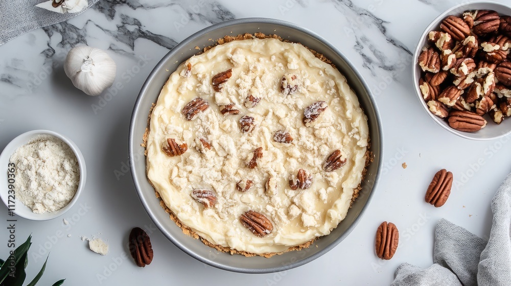 Poster overhead view of creamy pecan pie in a round pan surrounded by ingredients and garnishes on a marble