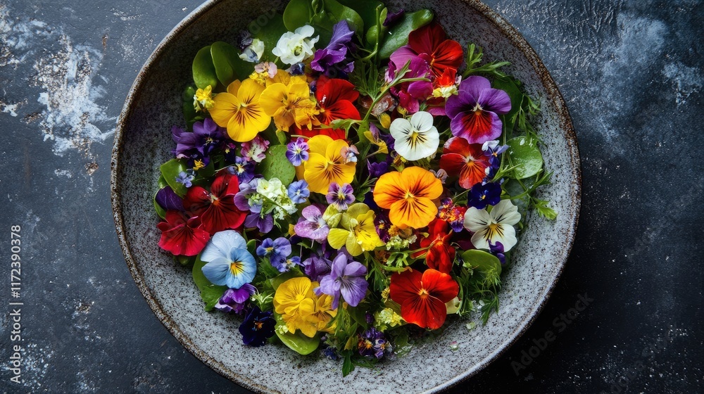 Aufkleber vibrant overhead view of a decorative platter filled with an array of colorful edible flowers and fr