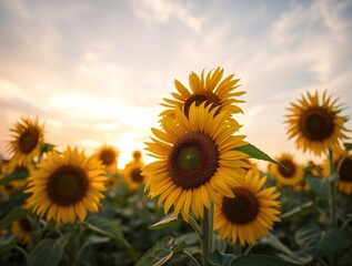 Obraz premium An expansive sunflower field stretches under a sunset sky, capturing the essence of summer's warmth and natural beauty.