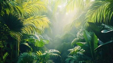 Obraz premium Lush tropical jungle with sunlight filtering through dense foliage creating a serene and vibrant nature scene.