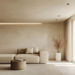 Contemporary minimalist living space with cream walls, a comfortable light-colored couch, warm ceiling lights, and minimalist decor accents