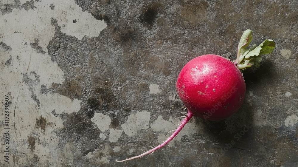 Aufkleber overhead view of a single fresh homegrown radish resting on a textured rustic surface showcasing nat