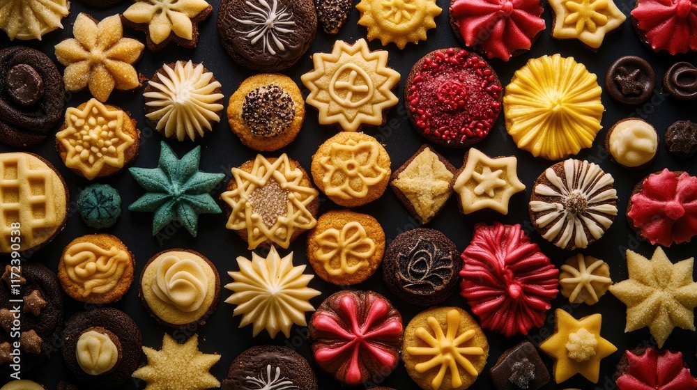 Poster Colorful assortment of decorative cookies arranged in an overhead view showcasing various shapes and textures on a dark background