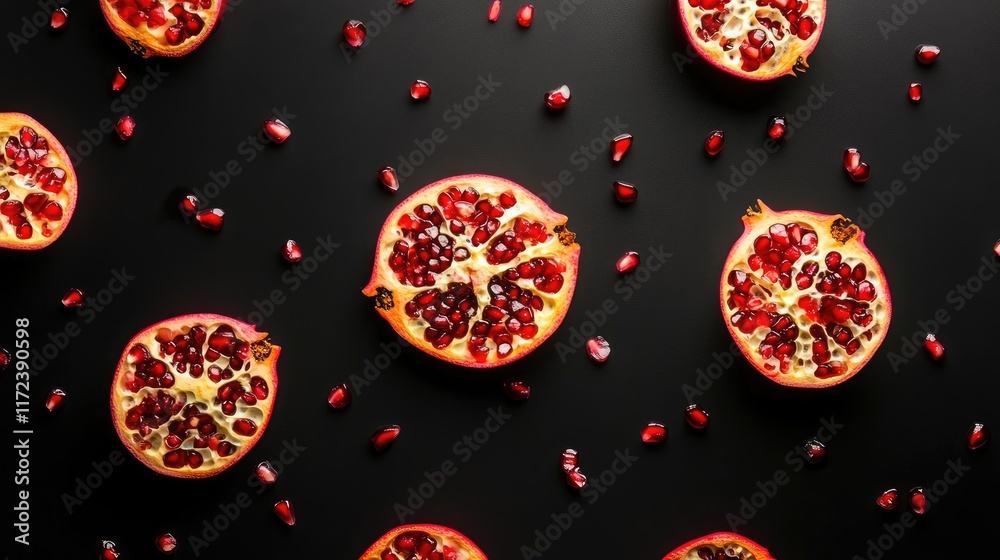 Poster overhead view of sliced ripe pomegranates showcasing vibrant seeds on a dark background for culinary