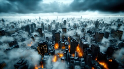 Naklejka premium Aerial View of City Skyline Covered in Fog and Dramatic Clouds