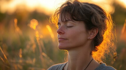 Fototapeta premium Serene woman basking in sunset light with closed eyes reflecting tranquility and peace in a dreamy natural setting