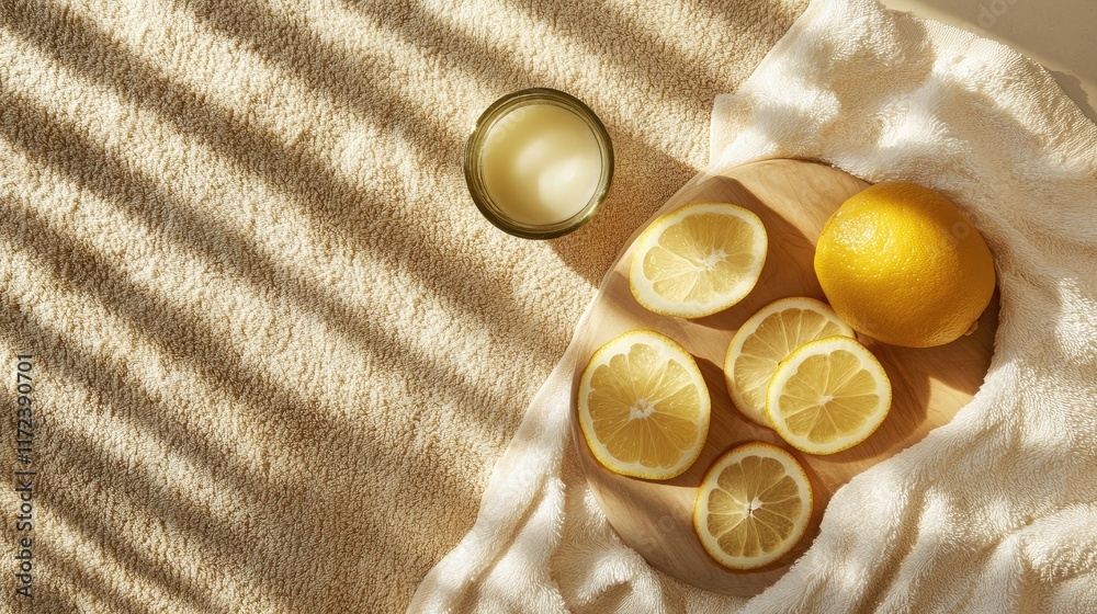 Poster Overhead view of fresh sliced citrus fruits on a soft towel with a glass of juice in a sunlit setting