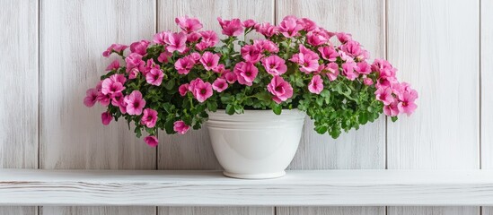Vibrant pink floral arrangement in ceramic pot on white wooden shelf perfect for home decor and still life photography
