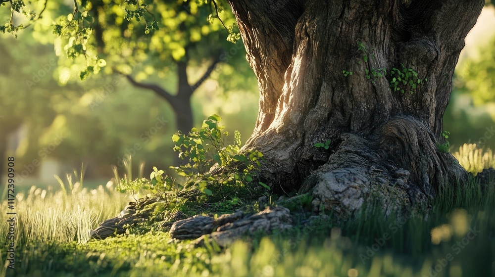 Aufkleber Lush overgrown tree trunk in serene park setting with soft sunlight filtering through green foliage and grass