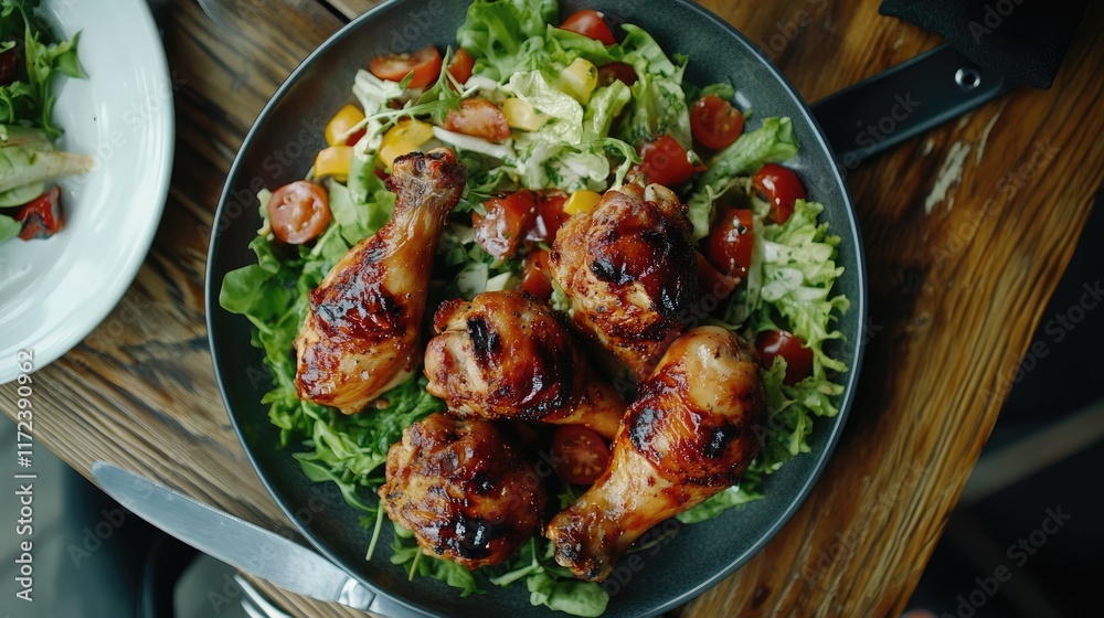Poster overhead view of grilled chicken drumsticks on a bed of fresh salad in a stylish plate on a rustic w
