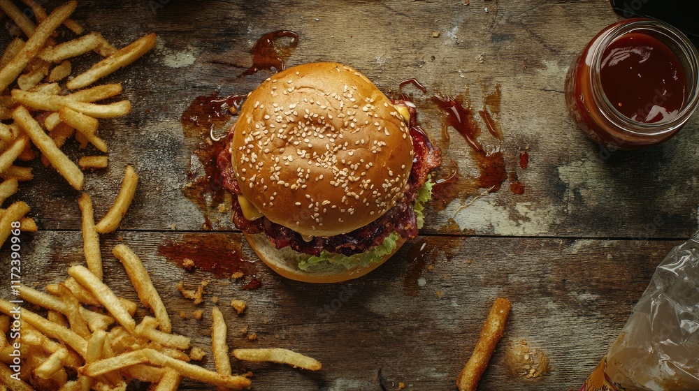 Poster delicious burger with sesame seed bun and fries on rustic wooden table with sauce, overhead view sho