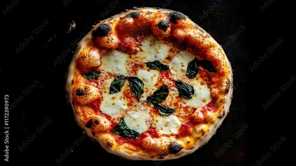 Poster authentic neapolitan pizza topped with mozzarella basil and tomato sauce on a rustic wooden table pe