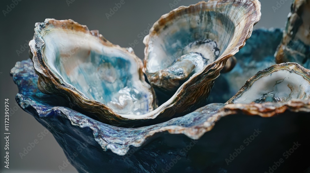Poster Close-up of beautiful oyster shells arranged artistically showcasing unique textures and colors in natural lighting for aesthetic and ocean-themed designs