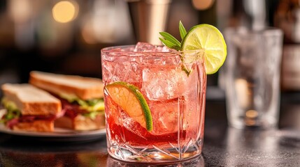 Pink cocktail with lime garnish and sandwich on a dark table in a cozy bar setting with blurred background lights