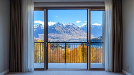 Obraz premium Modern Balcony with Scenic Mountain and Tree View through Glass Door in Bright Natural Light