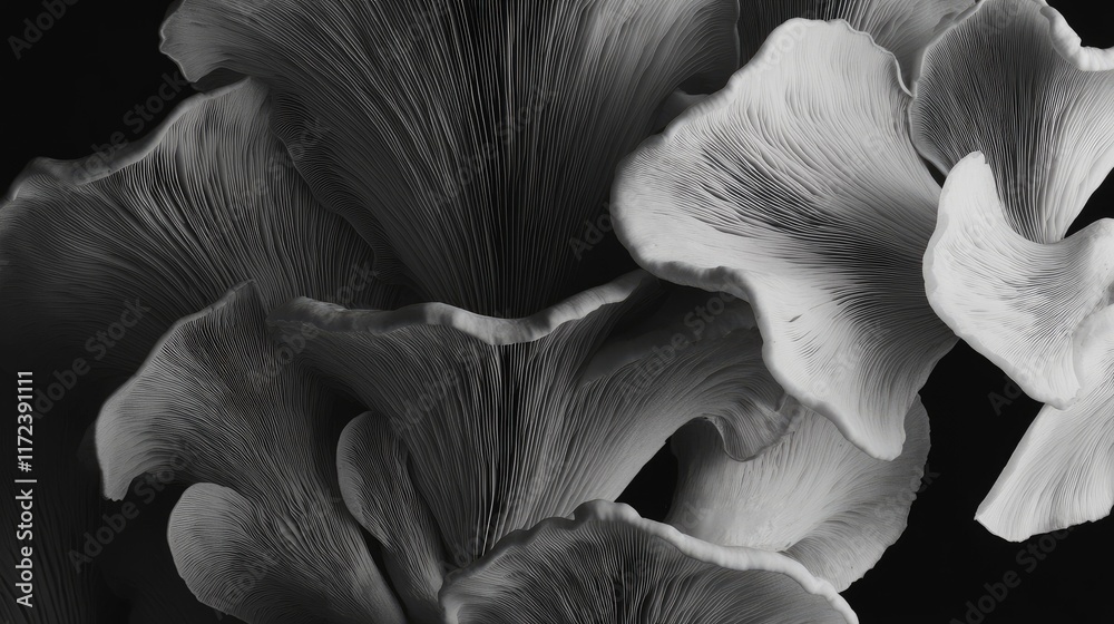 Poster elegant monochromatic oyster mushrooms captured in natural lighting showcasing intricate textures an