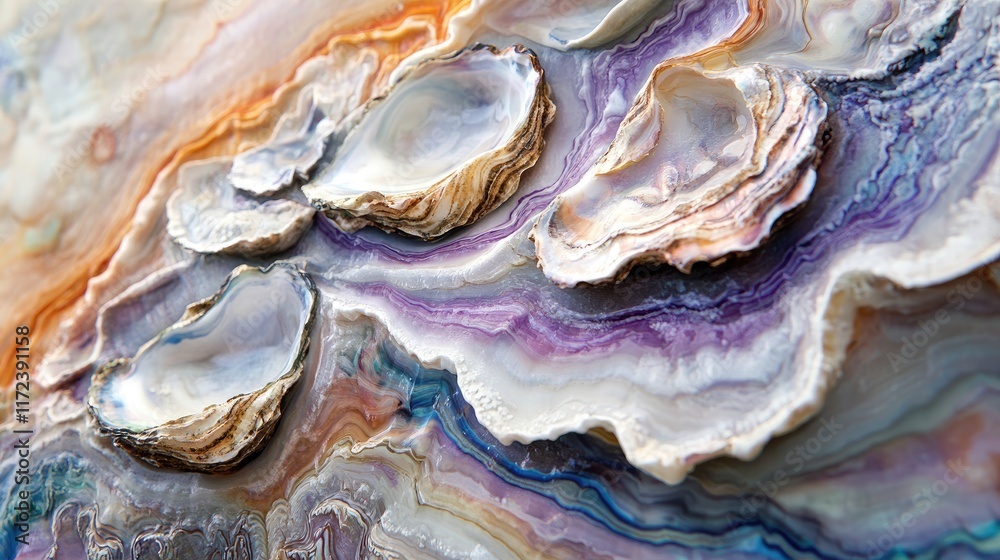 Poster colorful oyster shells close up textured background with swirling patterns and natural artwork eleme