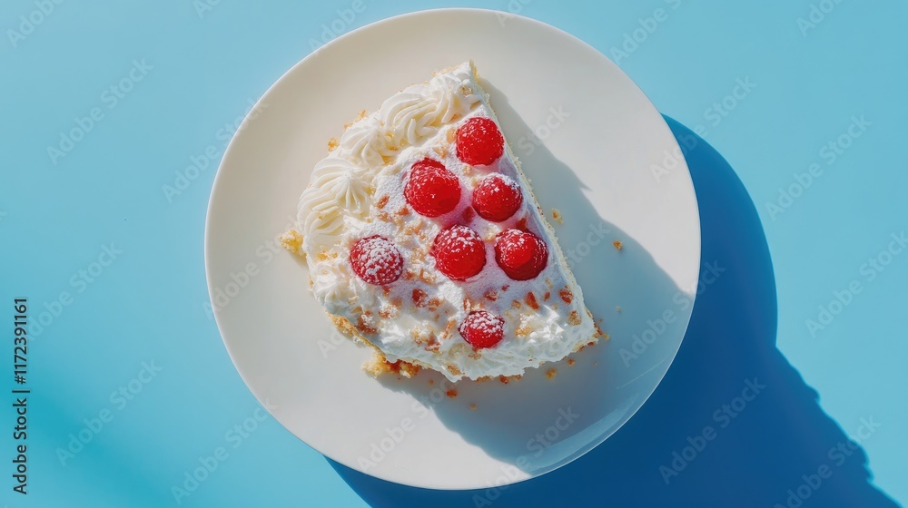 Poster overhead perspective of a slice of cake topped with raspberries and cream on a bright blue backgroun