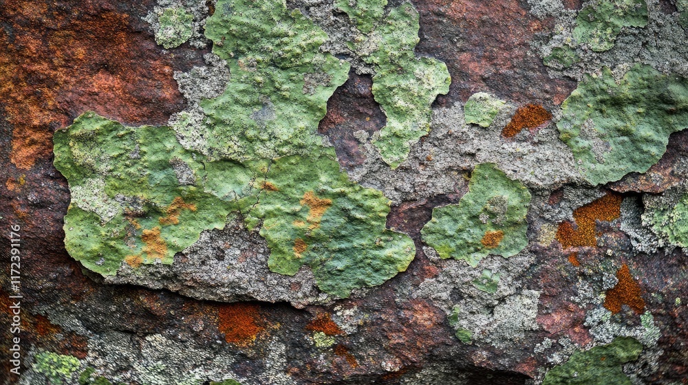 Poster mossy and lichen-covered rock surface with complex texture and varied colors in natural environment
