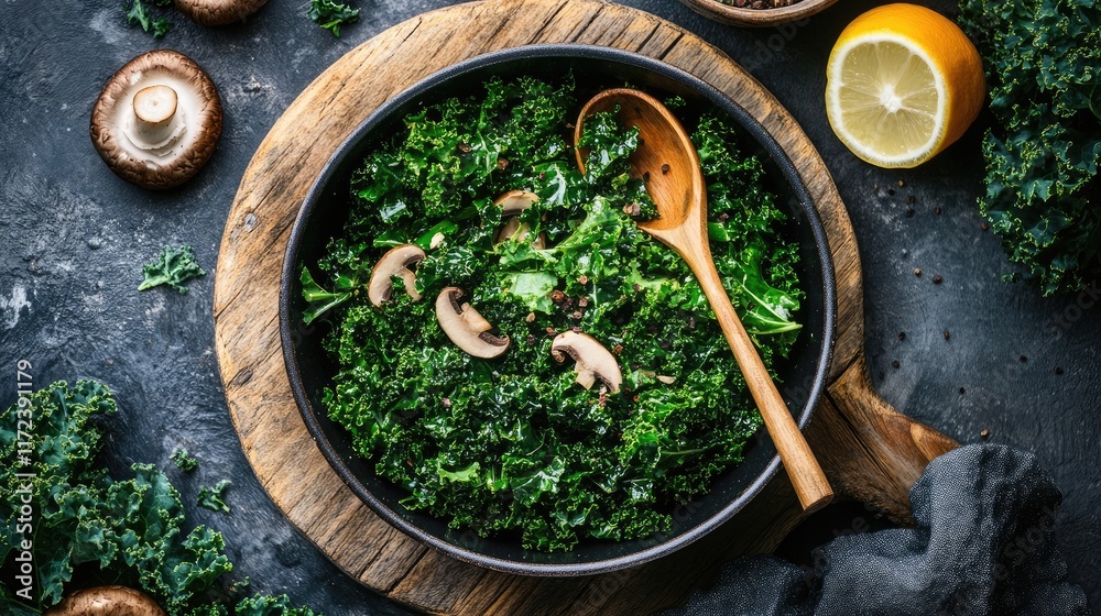 Aufkleber overhead view of sautã©ed kale and mushrooms in a skillet with a wooden spoon and lemon on a dark st