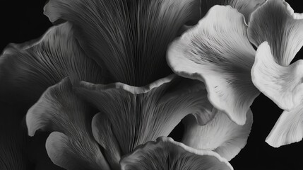 Elegant monochromatic oyster mushrooms captured in natural lighting showcasing intricate textures and shapes against a dark background.