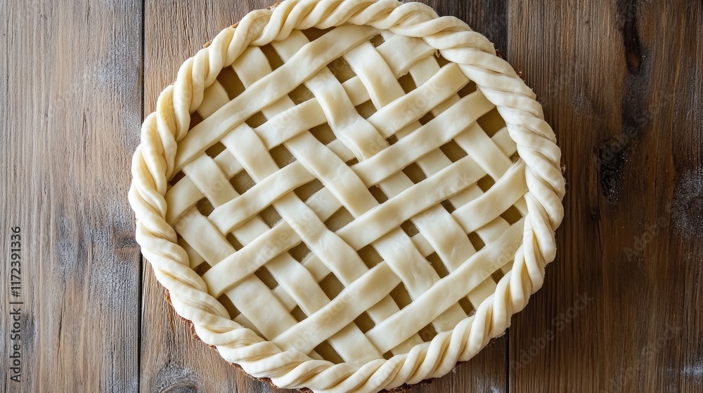 Poster Overhead view of uncooked pie with braided lattice crust on rustic wooden table surface