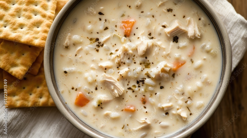 Poster creamy chicken and rice soup with crackers in a bowl overhead view on a rustic wooden table healthy 