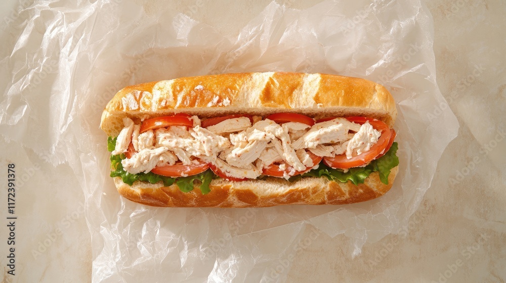 Poster overhead view of fresh chicken salad sandwich with tomatoes and lettuce in a crispy baguette served 