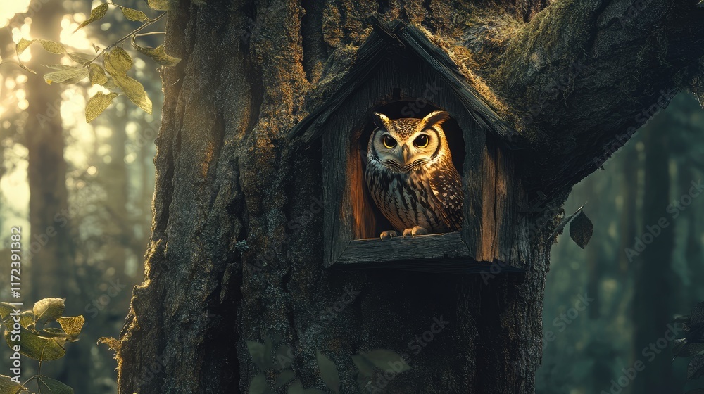 Poster Owl perched in a rustic house mounted on a conifer tree surrounded by a tranquil forest setting illuminated by soft morning light
