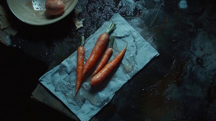 Freshly harvested carrots arranged artistically on a textured napkin showcasing natural colors and rustic kitchen ambiance.