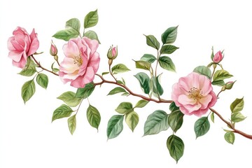 Obraz premium Elegant pink rose branches with lush green foliage, arranged perfectly for a greeting card design.