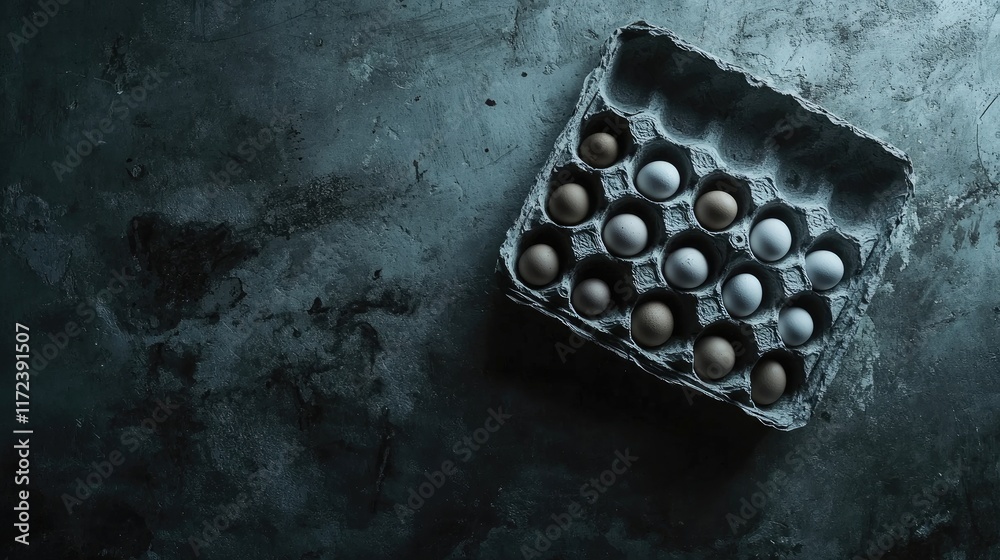 Poster overhead view of a cardboard egg carton filled with brown and white eggs on a textured dark surface