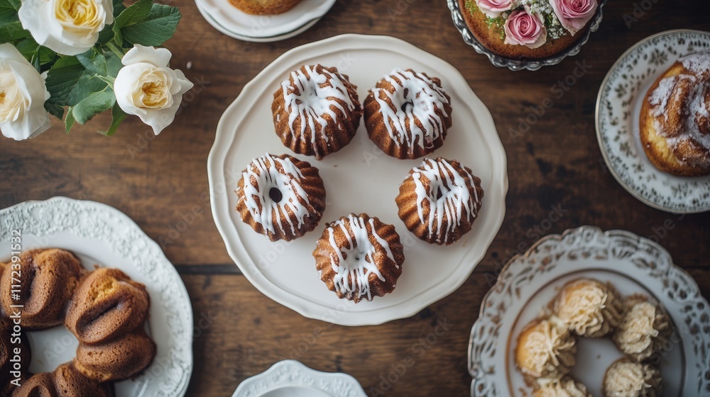 Poster overhead view of elegantly arranged mini bundt cakes with glaze on a rustic wooden table with floral